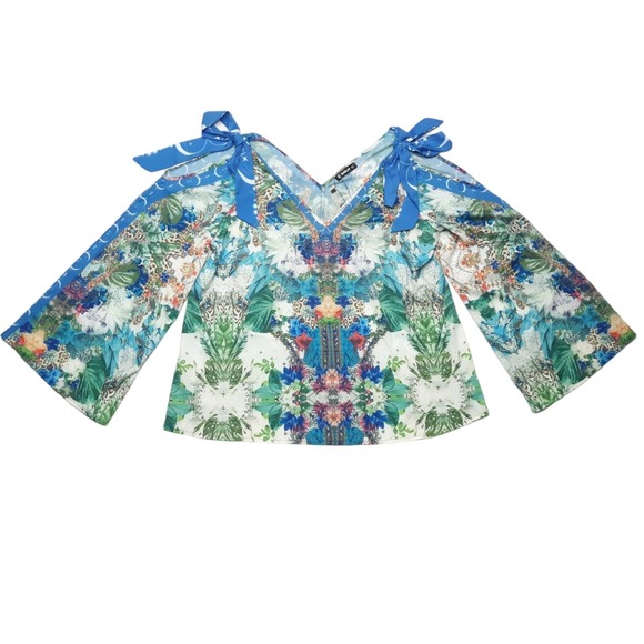 sheilay Tops - Sheilay Blouse Womens Small Blue Floral Cold Shoulder Bell Sleeve Top New